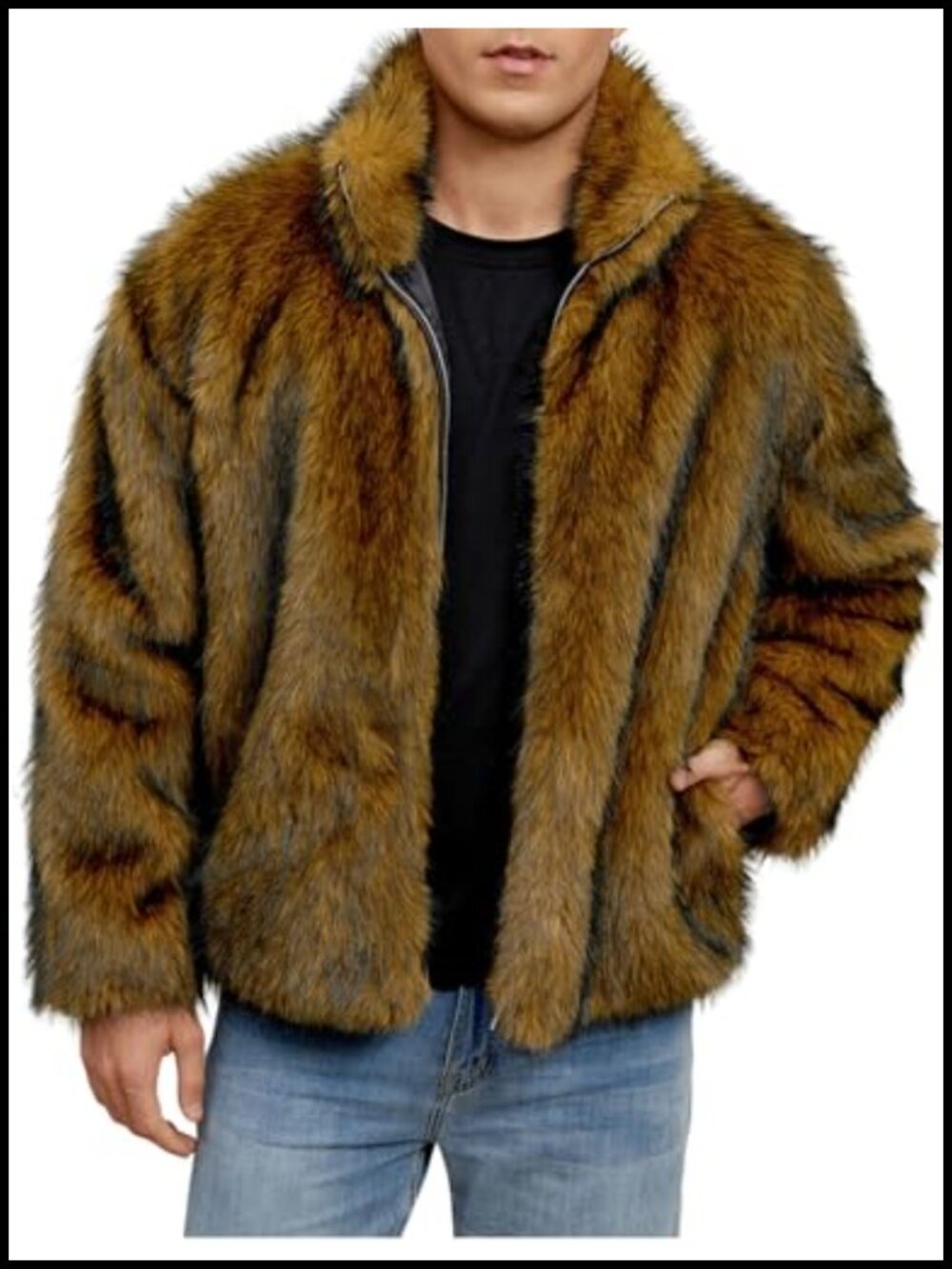 Men's Faux Fur Coat Winter Jacket Warm Fluffy Furry Outwear Zip